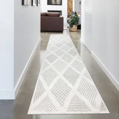 Produktbild von Wohnzimmer Schlafzimmer Teppich mit verschieden gemusterten Rauten in creme grau Größe - 80 x 300 cm