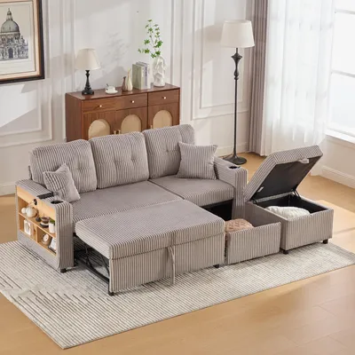 Obrázek produktu pro okwish Modulární pohovka Chaiselongue z manšestru, Rozkládací pohovka s vysouvací funkcí a LED osvětlením, skládací pohovka s polštáři na sezení a opěradlo, světle šedá