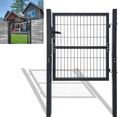 Obrázek produktu pro LZQ Zahradní brána Antracitová pozinkovaná ocelová zahradní brána 100 x 100 cm Zahradní brány včetně sloupku a zámku, zahradní plot, plotové dveře