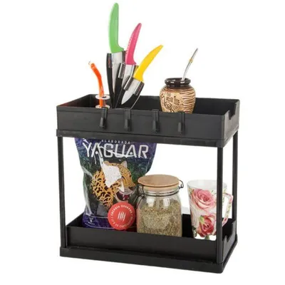 Produktbild von Schrank Organizer ausziehbar – Mehr Platz & Ordnung unter der Spüle | 2-stufiges Regal für Küche & Bad mit Haken