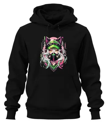 Productafbeelding van Cyberpunk anime kattenmeisje, gasmasker, Japan, Y2K, Otaku hoodie, zwart, maat S