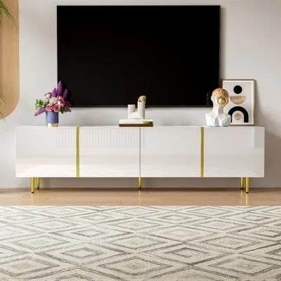 Produktbild von okwish TV-Schrank TV-Lowboard mit 4 Türen , 170*35*46 cm, Fernsehtisch Wohnzimmerschränke Hochglanz-Hängeschrank für Wohnzimmer, weiß