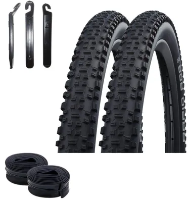 Immagine prodotto di 2 pneumatici per bicicletta Schwalbe Rapid Rob, misura 29 x 2,25 (57-622), colore nero + 2 camere d'aria DV19, inclusi leva pneumatici