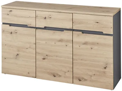Kommode MEMPHIS GH26 3-türig Artisan Eiche mit graphitem Korpus, Gesamtansicht von vorne mit drei Türen und zwei Schubläden.