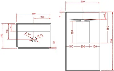 Produktbild von Standwaschbecken TWZ26 - Mineralguss - 50 x 36 x 85 cm, Farbe:Weiß matt