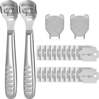 Produktbild von Fusspflege-Set mit 24 Messern, 20 Ersatzmessern, 2 Messern und 2 Fussnagelstählen, Fusspflege-Tool, Nagelriem-Entferner mit Metallgriff (mit Rillen)