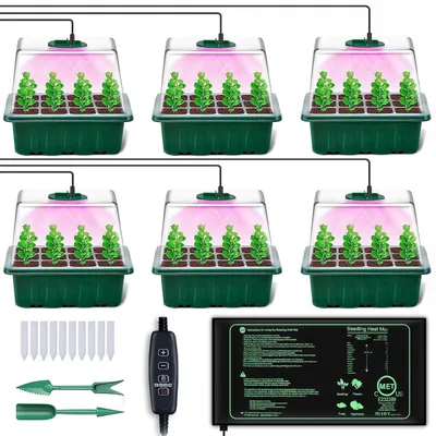 Produktbild von Zimmergewächshaus Anzuchtkasten mit Vollspektrum Pflanzenlampe und Heizmatte 6 Stück Mini Gewächshaus Anzuchtschale Setzling Starter Tabletts