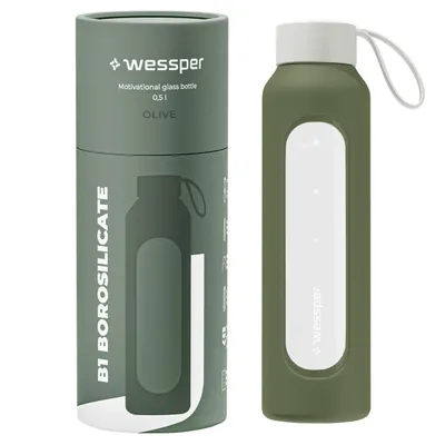 Image de Bouteille en verre Wessper avec housse en silicone – 0,5 L – avec graduations horaires – Olive