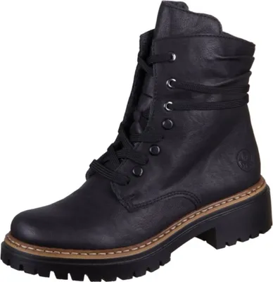 A black leather boot is shown against a white background.