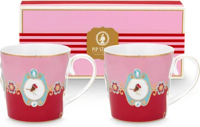Produktbild von PIP STUDIO Love Birds Medallion Red-Pink Henkelbecher Large 0,25l Set2
