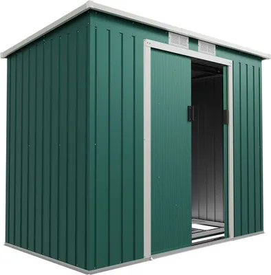 Produktbild von Juskys Metall Gerätehaus M mit Pultdach, Schiebetür & Fundament - 4m³ - Grün