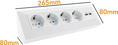 A white power strip with four European-style outlets and two USB ports, with dimensions indicated.