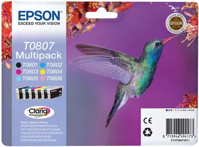 Zdjęcie produktu dla Epson Hummingbird Multipack 6-colours T0807 Claria Photographic Ink, Czarny, Cyjan, Jasny cyjan, Jasna magenta, Purpurowy, Żółty, 1 szt., Multipak