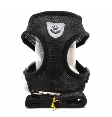 A black dog harness with a leash, shown against a white background.