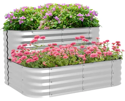 Image de Bordure de jardin surélevée - 2 niveaux - Tôle galvanisée - Résistante aux intempéries - Fond ouvert - 120 x 90 x 30 cm - Argentée