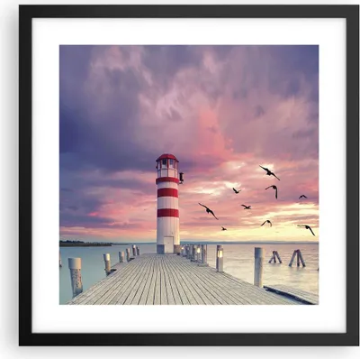 Produktbild von Gerahmtes Poster - Schwarzer Rahmen - Laterne Meer Küste - 40x40 cm - Wand Bild - Wanddeko - Wandbilder - Kunstposter - Wandposter - Bilderrahmen - Bilder - Kunstdruck - P2BAC40x40-4978