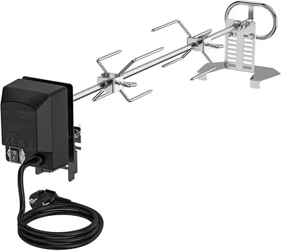 Imagen del producto de Silecomplaza Universal, juego de asador giratorio de 73 cm para parrilla de gas, pincho de acero inoxidable, motor de 220-240V, 2 agujas para carne, asador giratorio eléctrico con soporte para 2 motores