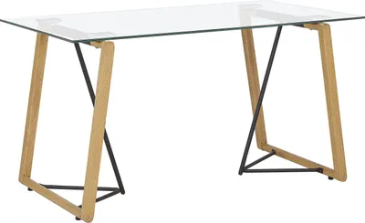 A rectangular glass-top dining table with a modern design, featuring a wooden and black metal frame.