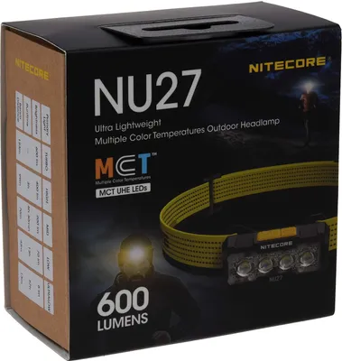 The image shows the retail packaging for a Nitecore NU27 headlamp.