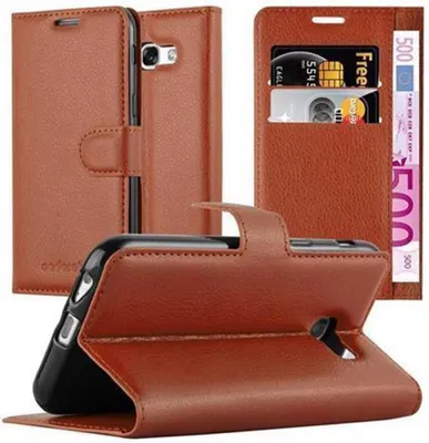A brown leather flip case for a smartphone is displayed, open to show the phone and card slots.