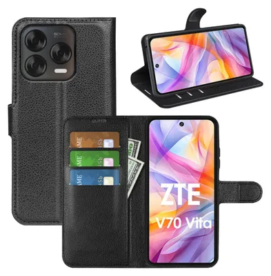 A black leather flip case wallet for a ZTE Blade V70 Vita phone, shown open with cards and cash inserted, and a separate view of the phone in the case.