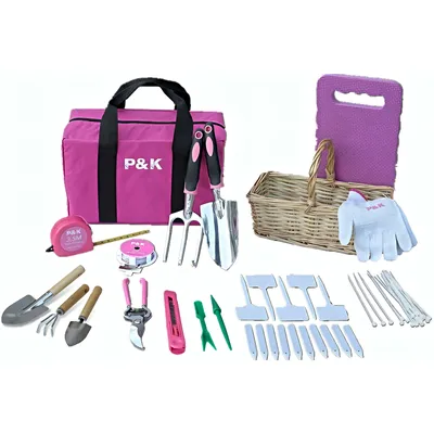 A collection of pink gardening tools and accessories laid out on a white background.
