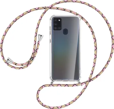 Produktbild von Handykette Backcover-Schutzhülle mit Band (Metall silberfarben) für Samsung Galaxy A21s - rosa Karo