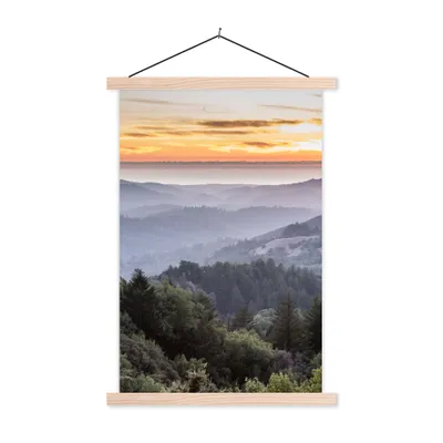 Produktbild von MuchoWow® Textilposter Berge - Sonne - Wald - Landschaft 120x180 cm mit holzfarbenen Rahmen - Textil-Plakat