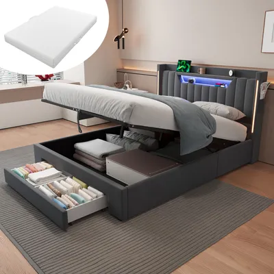 Produktbild von okwish Jugendbett 140×200 mit Seitentaschen und Schubladen, Polsterbett mit LED und Bettkasten, Funktionsbett in Grau,mit Matratze