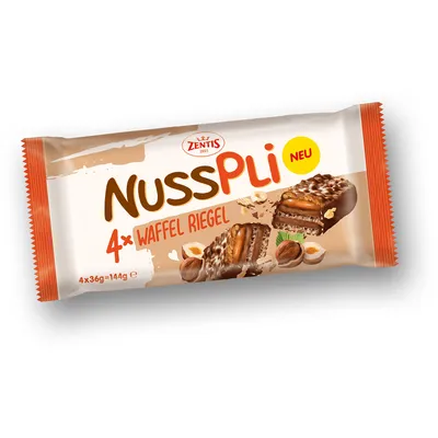 Produktbild von Zentis Nusspli Waffel Riegel mit Karamell und Haselnusscreme 4er 144g