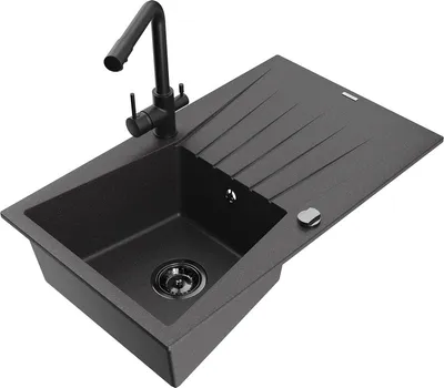 Produktbild von Mexen Cesar 1 Becken-Granitspüle mit Abtropffläche und Mischbatterie Duero, Schwarz gesprenkelt - 6514-76-671600-70-B