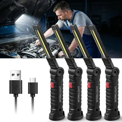 Produktbild von Wiederaufladbare LED Werkstattlampe & Taschenlampe 4 Stück , COB Arbeitsleuchte mit Magnet & Haken, Geschenke für Männer Mechaniker