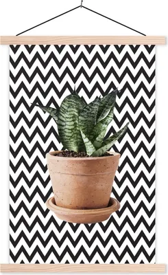 Produktbild von MuchoWow® Textilposter Pflanze - Blumentopf - Schwarz - Weiß 40x60 cm mit holzfarbenen Rahmen - Poster
