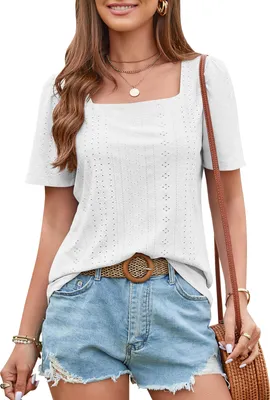 Image de ASKSA T-shirt femme col rond élégant manches courtes haut tunique, Blanc, L