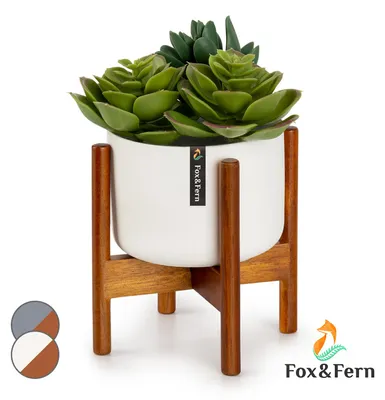Produktbild von Fox & Fern Pflanzenständer mit Blumentopf, Stylischer Blumenständer Holz, Stabiler Plant Stand, Pflanzenständer aus Langlebigem Holz, Blumentopf Ständer aus Akazienholz, Blumenständer Modern