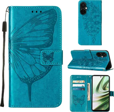 Produktbild von Lederhülle für OnePlus Nord CE3 Schmetterling Prägung Flip Ledertasche Kartenfächer Handyhülle mit Ständer Blau