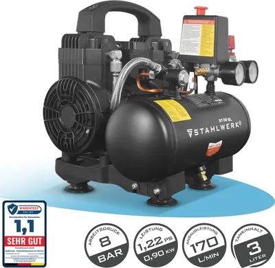 Produktbild von STAHLWERK Kompressor mit 3 L Tank (ST-38 BL) – ölfrei & leise, 8 bar, Silent-Druckluftkompressor mit Brushless-Motoren, 1,22 PS, 0,90 kW, 170 l/min