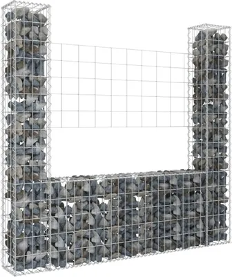 A U-shaped gabion structure with two vertical pillars, filled with stones and constructed from wire mesh, presented against a white background.