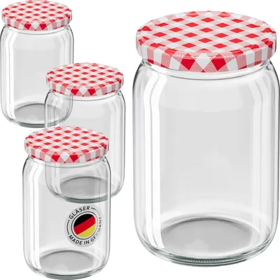 A group of glass jars with red and white checkered lids.