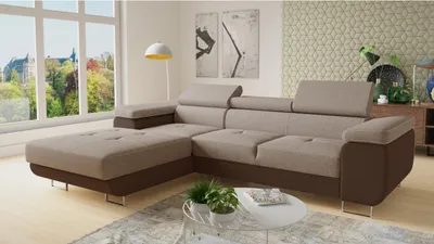 Produktbild von Ecksofa Divo mit einstellbare Kopfstützen und Schlaffunktion, Couchgarnitur, Sofagarnitur, Couch, Schlafsofa (Braun + Cappuccino (Sawana 16 + Sawana 02), Ecksofa Links)