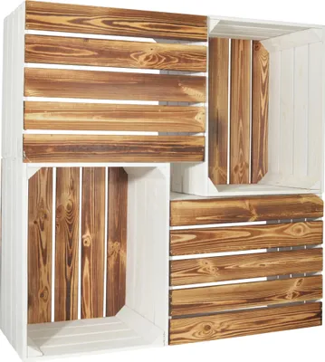 Produktbild von CHICCIE 4 Set Holzkiste Grete Weiß Geflammt Gehobelt 50x40x30cm - Holzkisten Obstkisten Weinkisten Dekokisten Regale