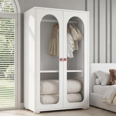 Imagen del producto de Armario MODFU de 80x50x120 cm con puertas de acrílico transparente, armario infantil blanco, armario de almacenamiento con pomos de cerámica