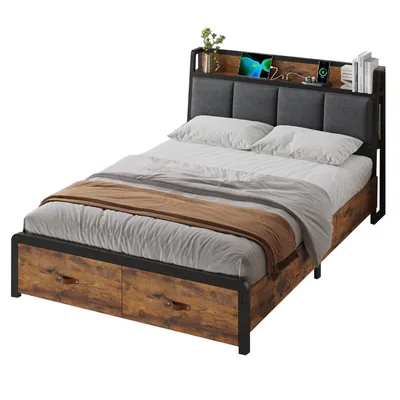 Produktbild von AODEMOKO Bett 140x200 cm, Metallbett Bettgestell mit Ladestation und 2 Schubladen, Schwarz + Vintage Braun
