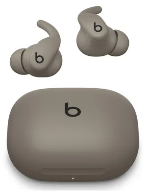 A pair of gravel gray wireless earbuds and their charging case are displayed against a white background.