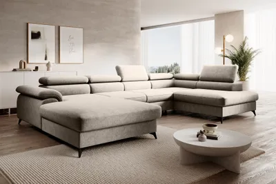 Produktbild von Wohnlandschaft U-Form Schlafsofa BASTIEN in Stoff Whisper Beige Ottomane Links