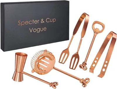 Produktbild von Cocktail Barset 5-teilig Kupfer (Einzange, Garnierzange, Flaschenöffer, Sieb, Messbecher)