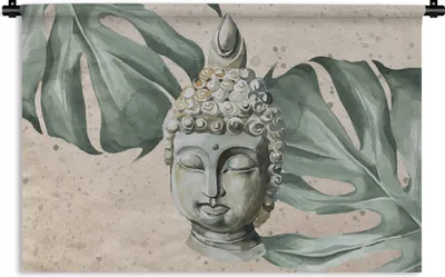 Produktbild von MuchoWow® Wandteppich Wandbehang Buddha - Kopf - Grau 90x60 cm Tapisserie Dekoration Wandtuch - Wandskulpturen - Bildteppich