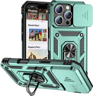 Obrázek produktu pro Pouzdro pro iPhone 16 Pro dvouvrstvé pouzdro s posuvným krytem kamery a prstencovým stojánkem zelené