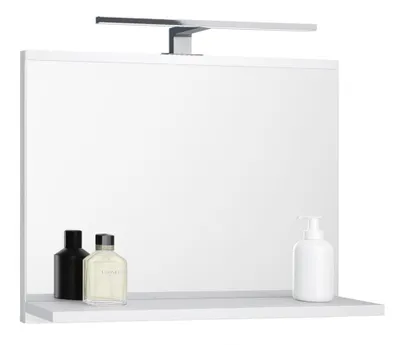 Produktbild von Badspiegel mit 1 Ablage Badezimmerspiegel Spiegel Regal Wandspiegel Hängespiegel Badmöbel Spiegel Flurspiegel für Schlafzimmer Weiß 60X50 LED LAMPE