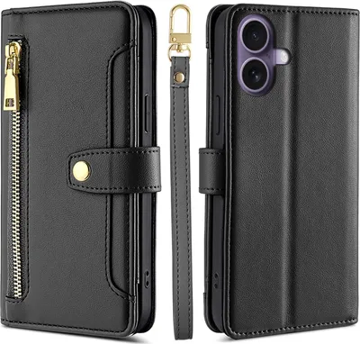 Produktbild von Handykette für iPhone 17 Hülle mit Band Handyhülle Kartenfächer Kunstleder Umhängetasche in Schwarz